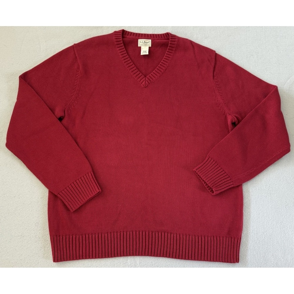VTG LL Bean Men's 100% Cotton V-Neck Sweater Red • XLarge Natural Fibers